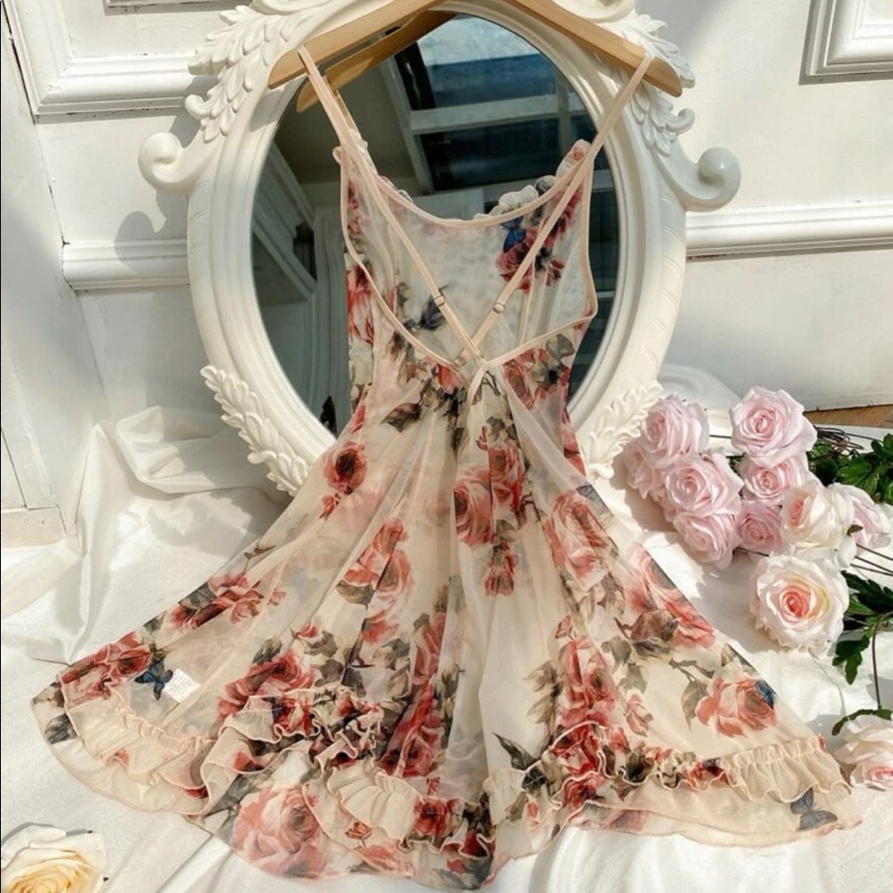 Floral slip dress lingerie sheer transparent open back rose flower Strap - Picture 2 of 5